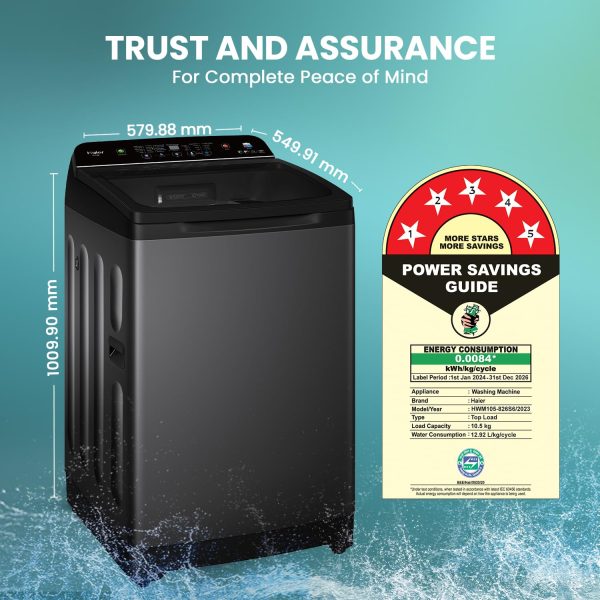 Haier Smart Choice 10.5 kg 5 Star Inbuilt Butterfly heater, Oceanus Wave Drum Washing Machine Fully Automatic Top Load, Black, HWM105-H688BK
