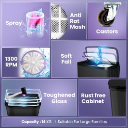 Haier 14 Kg 5 Star Semi Automatic Top Load Washing Machine with Toughened Glass and Soft Fall Technology, Anti Bacterial Vortex Pulsator, Magic Filter, Anti Rat Mesh, Castors, Black, HTW140-178BK