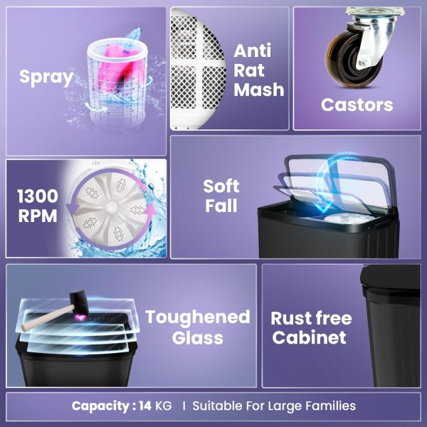 Haier 14 Kg 5 Star Semi Automatic Top Load Washing Machine with Toughened Glass and Soft Fall Technology, Anti Bacterial Vortex Pulsator, Magic Filter, Anti Rat Mesh, Castors, Black, HTW140-178BK