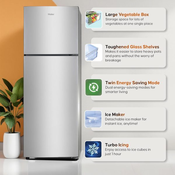 Haier 240L 2 Star Frost Free Top Mount Double Door Refrigerator, Cool Pad, 200% Faster Ice Making in 49 Minutes, Twin Energy Saving Modes, Moon Silver, HRF-2902EMS-P