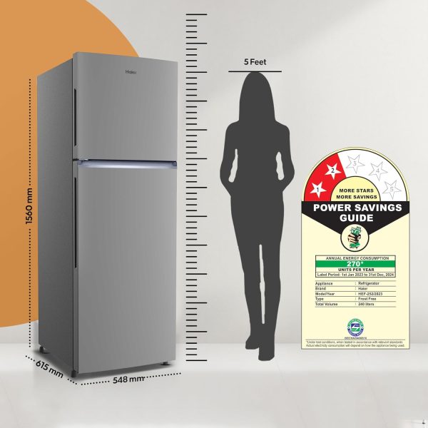 Haier 240L 2 Star Frost Free Top Mount Double Door Refrigerator, Cool Pad, 200% Faster Ice Making in 49 Minutes, Twin Energy Saving Modes, Moon Silver, HRF-2902EMS-P