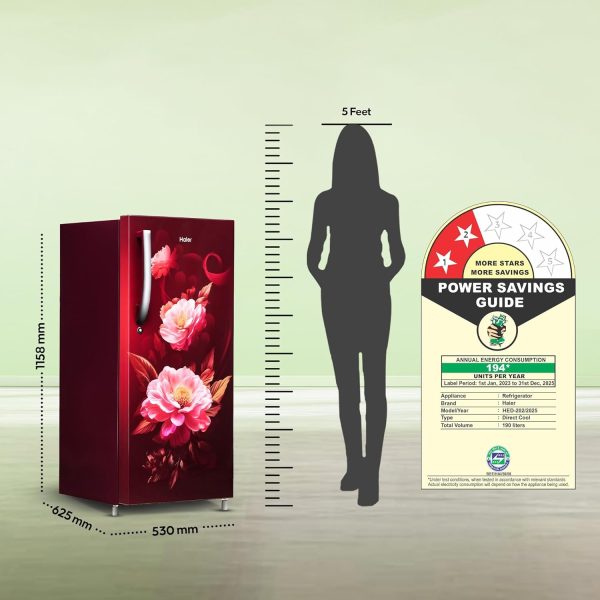 Haier 190L 2 Star Direct Cool Single Door Refrigerator, Large Veg Box, Fast Ice Making, Longer Cooling Retention, Easy Clean Back, Red Voila, HRD-2102CRV-P
