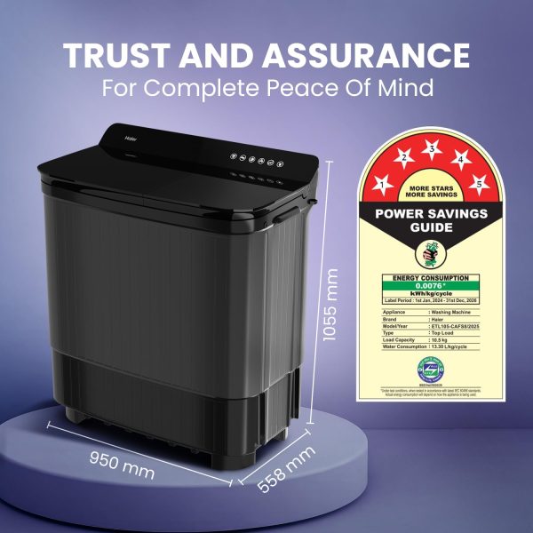 Haier 14 Kg 5 Star Semi Automatic Top Load Washing Machine with Toughened Glass and Soft Fall Technology, Anti Bacterial Vortex Pulsator, Magic Filter, Anti Rat Mesh, Castors, Black, HTW140-178BK