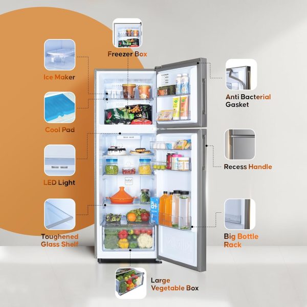 Haier 240L 2 Star Frost Free Top Mount Double Door Refrigerator, Cool Pad, 200% Faster Ice Making in 49 Minutes, Twin Energy Saving Modes, Moon Silver, HRF-2902EMS-P