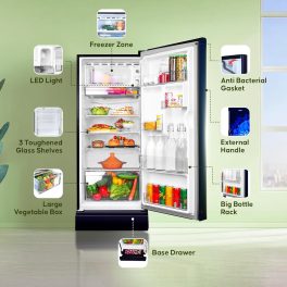Haier 190L 5 Star Direct Cool Single Door Refrigerator With Base Drawer, 3 Toughened Glass Shelves, Fast Ice Making in Just 60 minutes, Large Veg Box, Easy Clean Back, Marine Dahelia, HRD-2105PMD-P