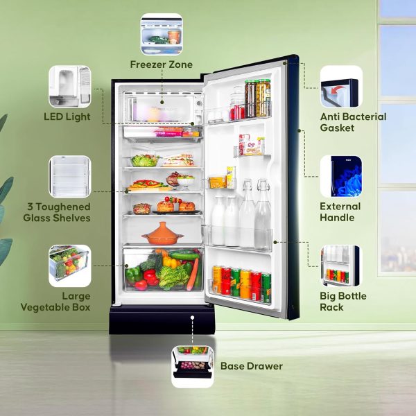 Haier 190L 5 Star Direct Cool Single Door Refrigerator With Base Drawer, 3 Toughened Glass Shelves, Fast Ice Making in Just 60 minutes, Large Veg Box, Easy Clean Back, Marine Dahelia, HRD-2105PMD-P