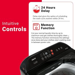 Akai 8 kg fully-Automatic top-load washing machine, 10 fabric care wash programs, Magic Filter with Waterfall and Rust Proof Body, Midnight Black, AFT-80DBHG