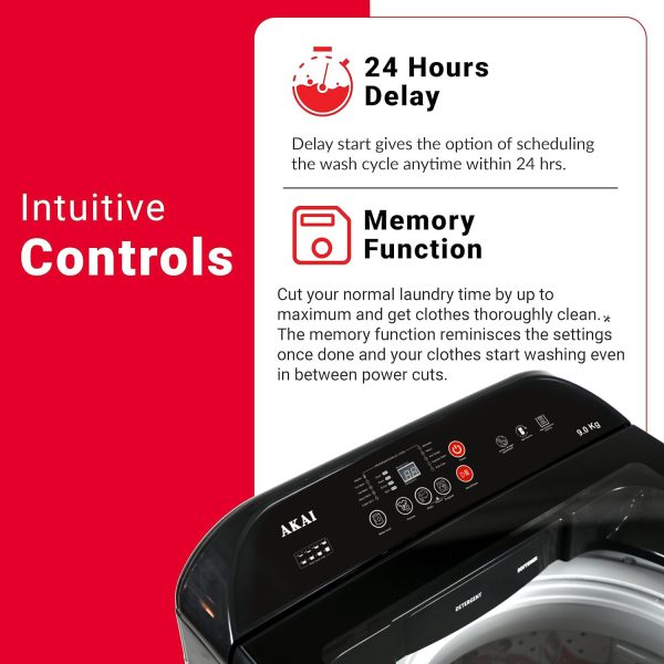Akai 8 kg fully-Automatic top-load washing machine, 10 fabric care wash programs, Magic Filter with Waterfall and Rust Proof Body, Midnight Black, AFT-80DBHG