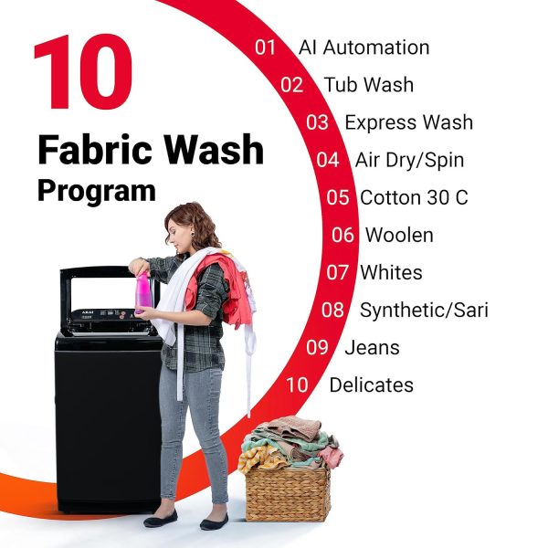 Akai 8 kg fully-Automatic top-load washing machine, 10 fabric care wash programs, Magic Filter with Waterfall and Rust Proof Body, Midnight Black, AFT-80DBHG