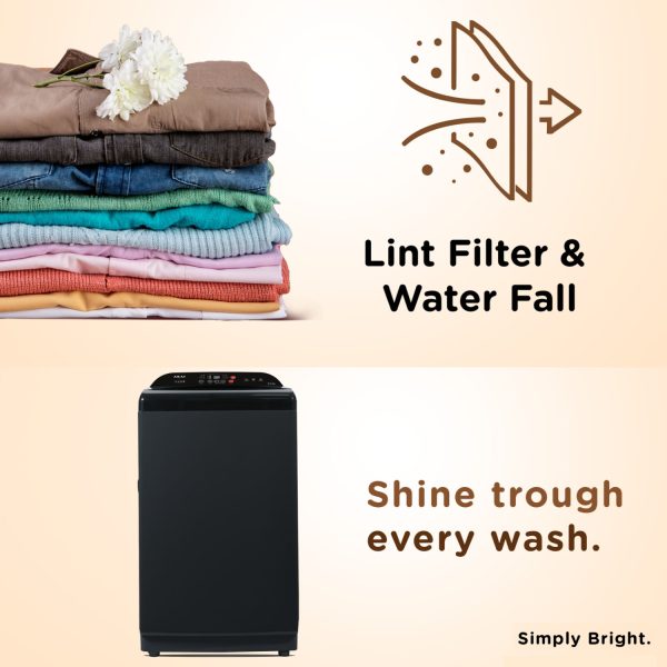 Akai 8 kg fully-Automatic top-load washing machine, 10 fabric care wash programs, Magic Filter with Waterfall and Rust Proof Body, Midnight Black, AFT-80DBHG