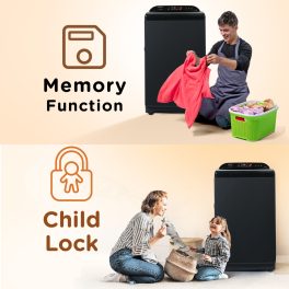 Akai 8Kg fully-Automatic top-load washing machine, Built-in heater with One Touch Spin Function, Magic Filter with Waterfall and Rust Proof Body, Midnight Black, AFT-DBG-H