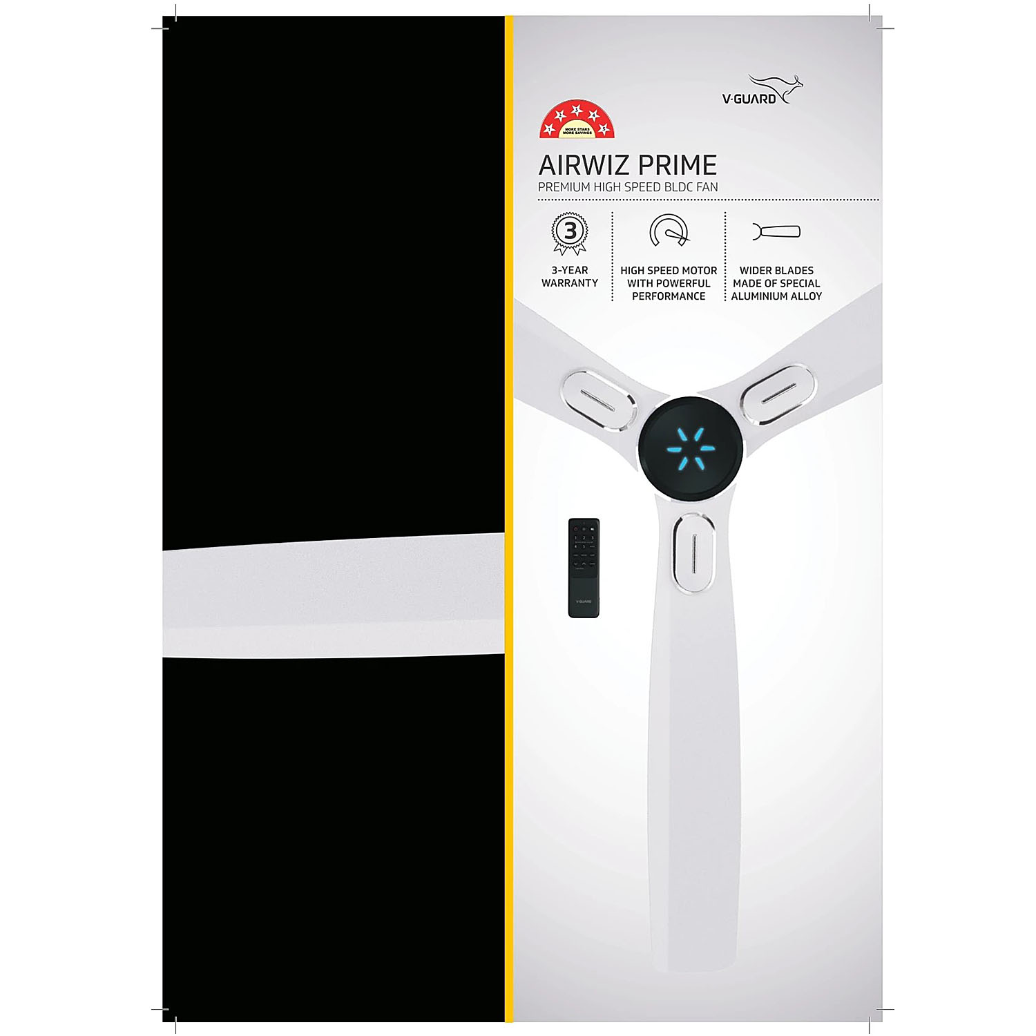 V-Guard 5 Star 1200 mm Premium High Speed Ceiling Fan, (48) 370 RPM with 3 Year Warranty BLDC Motor with Remote, Blossom White, Airwiz Prime V-Guard 5 Star 1200 mm Premium High Speed Ceiling Fan, (48) 370 RPM with 3 Year Warranty BLDC Motor with Remote, Blossom White, Airwiz Prime
