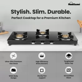Sunflame 3 Burner Slim Glass Top Gas Stove, 75 cm Wide, Ultra- slim, Extra spacious, Toughened Glass Top, GT Genial 3B