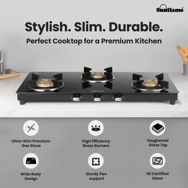 Sunflame 3 Burner Slim Glass Top Gas Stove, 75 cm Wide, Ultra- slim, Extra spacious, Toughened Glass Top, GT Genial 3B