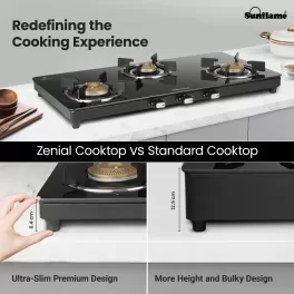 Sunflame 3 Burner Slim Glass Top Gas Stove, 75 cm Wide, Ultra- slim, Extra spacious, Toughened Glass Top, GT Genial 3B