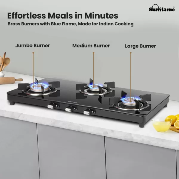 Sunflame 3 Burner Slim Glass Top Gas Stove, 75 cm Wide, Ultra- slim, Extra spacious, Toughened Glass Top, GT Genial 3B