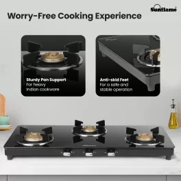 Sunflame 3 Burner Slim Glass Top Gas Stove, 75 cm Wide, Ultra- slim, Extra spacious, Toughened Glass Top, GT Genial 3B