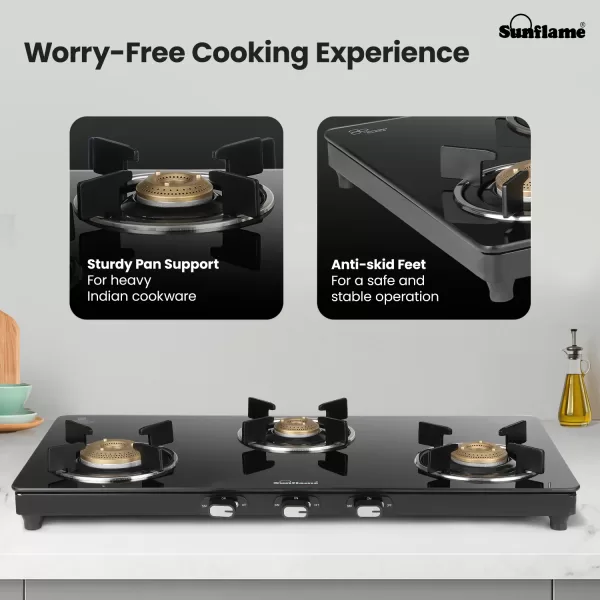 Sunflame 3 Burner Slim Glass Top Gas Stove, 75 cm Wide, Ultra- slim, Extra spacious, Toughened Glass Top, GT Genial 3B