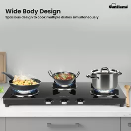Sunflame 3 Burner Slim Glass Top Gas Stove, 75 cm Wide, Ultra- slim, Extra spacious, Toughened Glass Top, GT Genial 3B