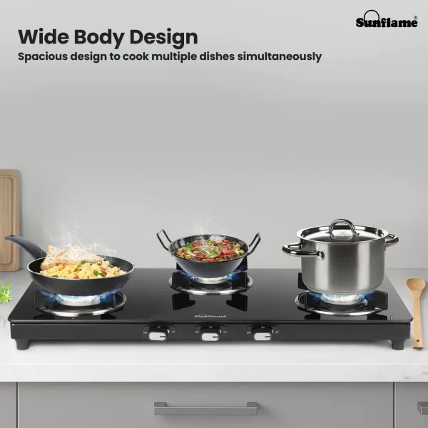 Sunflame 3 Burner Slim Glass Top Gas Stove, 75 cm Wide, Ultra- slim, Extra spacious, Toughened Glass Top, GT Genial 3B
