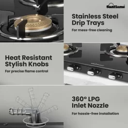 Sunflame 3 Burner Slim Glass Top Gas Stove, 75 cm Wide, Ultra- slim, Extra spacious, Toughened Glass Top, GT Genial 3B