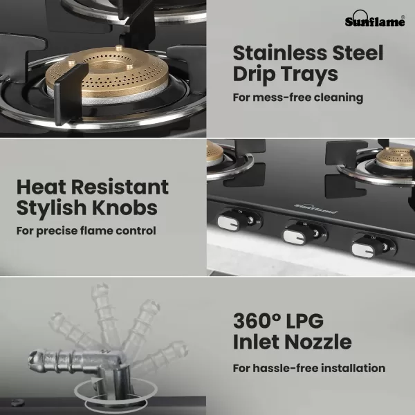 Sunflame 3 Burner Slim Glass Top Gas Stove, 75 cm Wide, Ultra- slim, Extra spacious, Toughened Glass Top, GT Genial 3B