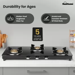 Sunflame 3 Burner Slim Glass Top Gas Stove, 75 cm Wide, Ultra- slim, Extra spacious, Toughened Glass Top, GT Genial 3B