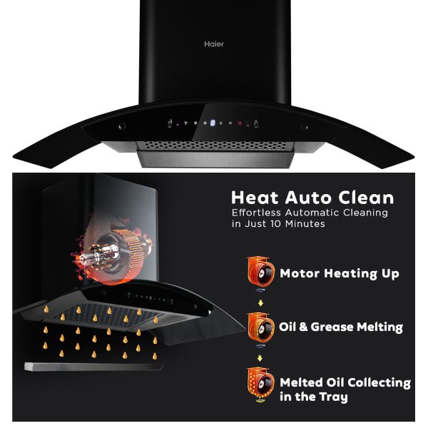 Haier 90CM Auto Clean Curved Glass Chimney with 1200 CMPH, BLDC Motor, Gesture Control and Baffle Filter, Black, hvp-g94dgbgin