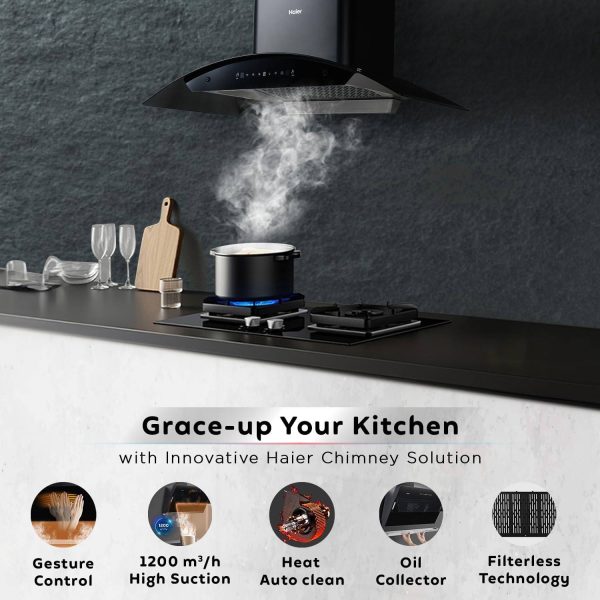 Haier 90CM Auto Clean Curved Glass Chimney with 1200 CMPH, BLDC Motor, Gesture Control and Baffle Filter, Black, hvp-g94dgbgin