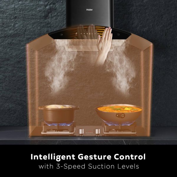 Haier 90CM Auto Clean Curved Glass Chimney with 1200 CMPH, BLDC Motor, Gesture Control and Baffle Filter, Black, hvp-g94dgbgin
