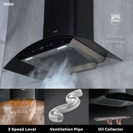 Haier 90CM Auto Clean Curved Glass Chimney with 1200 CMPH, BLDC Motor, Gesture Control and Baffle Filter, Black, hvp-g94dgbgin