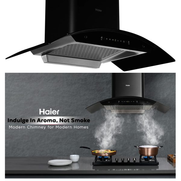 Haier 90CM Auto Clean Curved Glass Chimney with 1200 CMPH, BLDC Motor, Gesture Control and Baffle Filter, Black, hvp-g94dgbgin
