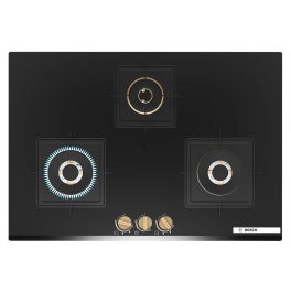 Bosch Series 6 Built in Gas Hob Black Tempered glass, 3 Burner Auto Ignition 75 cm Full Brass 3D Ring Burners with Matt Black Heat Shields-Cast Iron pan supports, Black, PND7B6G20I