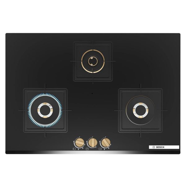 Bosch Series 6 Built in Gas Hob Black Tempered glass, 3 Burner Auto Ignition 75 cm Full Brass 3D Ring Burners with Matt Black Heat Shields-Cast Iron pan supports, Black, PND7B6G20I