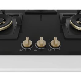 Bosch Series 6 Built in Gas Hob Black Tempered glass, 3 Burner Auto Ignition 75 cm Full Brass 3D Ring Burners with Matt Black Heat Shields-Cast Iron pan supports, Black, PND7B6G20I