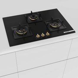 Bosch Series 6 Built in Gas Hob Black Tempered glass, 3 Burner Auto Ignition 75 cm Full Brass 3D Ring Burners with Matt Black Heat Shields-Cast Iron pan supports, Black, PND7B6G20I