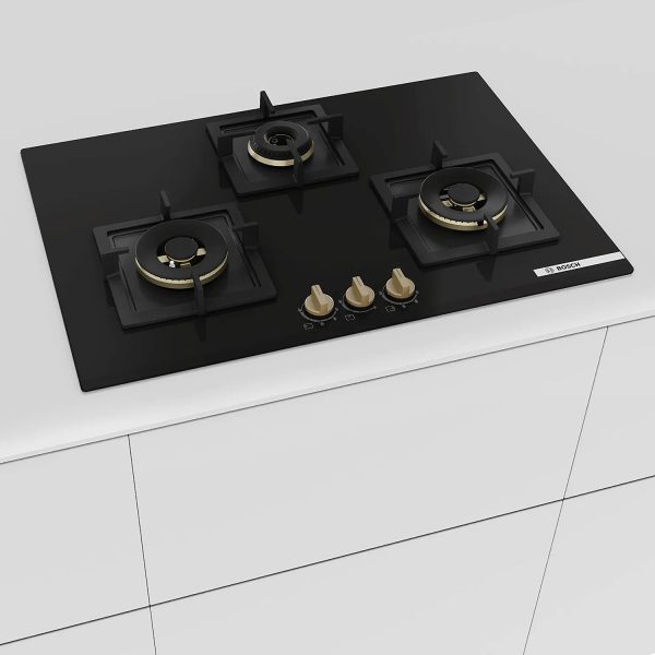 Bosch Series 6 Built in Gas Hob Black Tempered glass, 3 Burner Auto Ignition 75 cm Full Brass 3D Ring Burners with Matt Black Heat Shields-Cast Iron pan supports, Black, PND7B6G20I