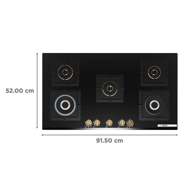 Bosch Series 6 Built in Gas Hob Black Tempered glass 5 Burner Auto Ignition 90 cm True Brass 2D Ring Burners with Matt Black Heat Shields-Cast Iron pan supports, Black, PNV9B6F20I