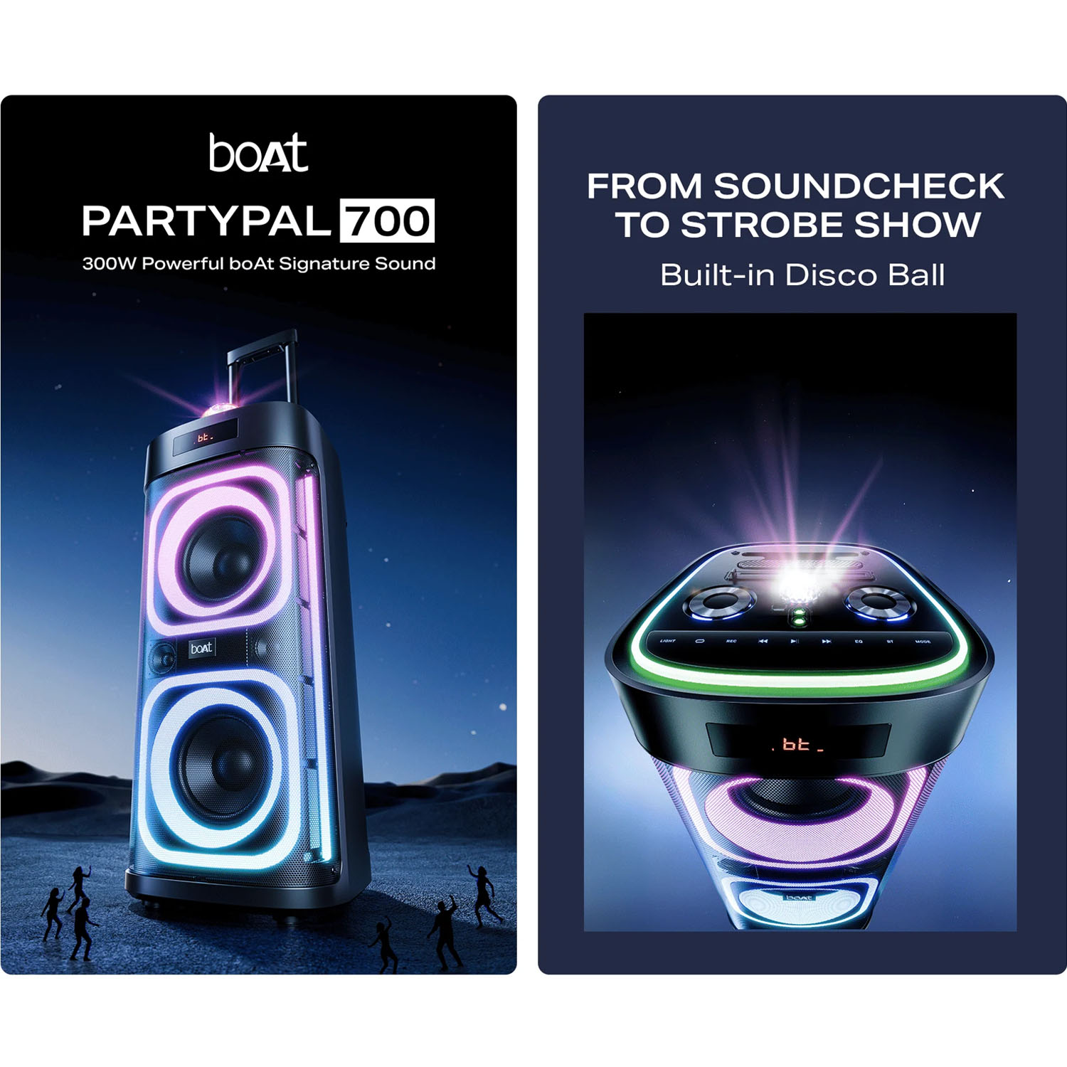 boAt Bluetooth Speaker with 300W Sound, RGB Lights, 6 Hours Playback, Karaoke & TWS, Black, PartyPal 700 boAt Bluetooth Speaker with 300W Sound, RGB Lights, 6 Hours Playback, Karaoke & TWS, Black, PartyPal 700