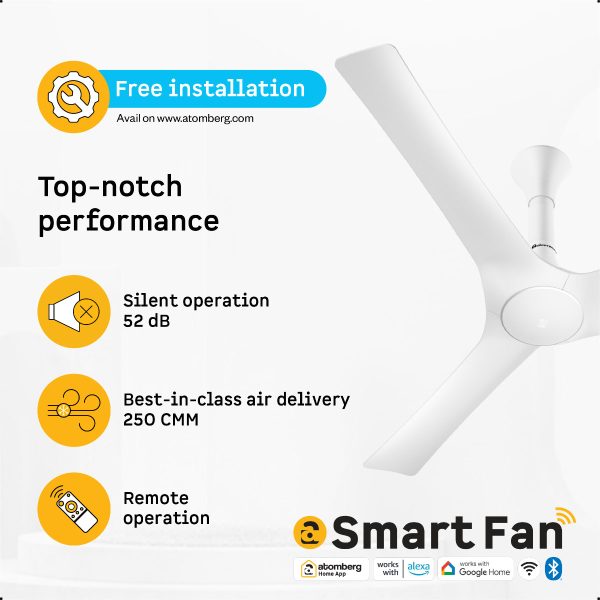 Atomberg Smart 1200mm BLDC Ceiling Fan with IoT & Remote, 5-star rated, Best-in-class Air Delivery, Silent Operation, ABS Blades, Energy Efficient, Pearl White, Aris Gladius