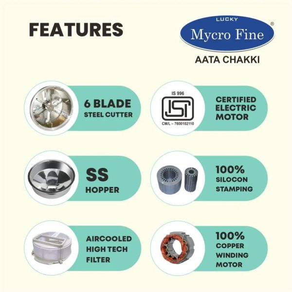 Lucky Mycrofine Aata Chakki 6.5 Kg Fully Automatic Domestic Flour Mill, Sand Marble, Neo Plus SS VC