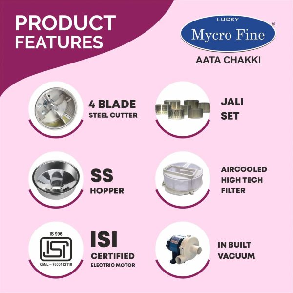 Lucky Mycrofine-Inbuilt Vacuum Aata Chakki Fully Automatic Domestic Flour Mill, Magenta Mist, Neo Plus VC