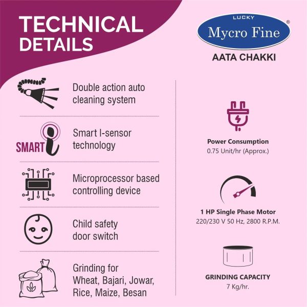 Lucky Mycrofine-Inbuilt Vacuum Aata Chakki Fully Automatic Domestic Flour Mill, Magenta Mist, Neo Plus VC
