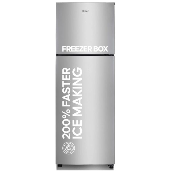 Haier 240L 2 Star Frost Free Top Mount Double Door Refrigerator, Cool Pad, 200% Faster Ice Making in 49 Minutes, Twin Energy Saving Modes, Moon Silver, HRF-2902EMS-P