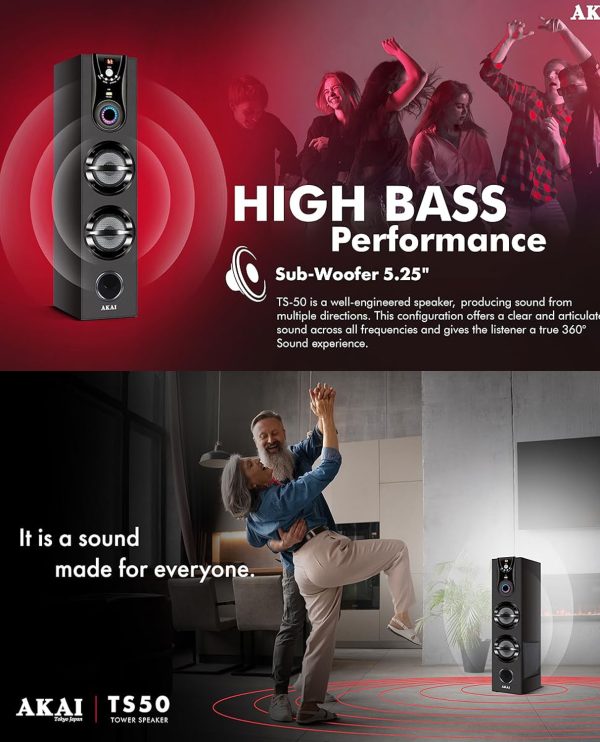 AKAI Bluetooth Twin Tower Speaker with Wired Mic, 60W RMS, 5.25'' Woofer, Remote Control, Karaoke, LED Display, FM, Black, TWS-600Max 