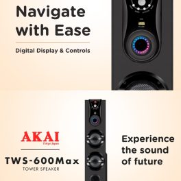 AKAI Bluetooth Twin Tower Speaker with Wired Mic, 60W RMS, 5.25'' Woofer, Remote Control, Karaoke, LED Display, FM, Black, TWS-600Max 