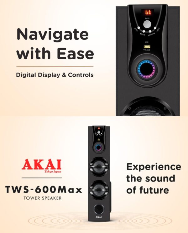 AKAI Bluetooth Twin Tower Speaker with Wired Mic, 60W RMS, 5.25'' Woofer, Remote Control, Karaoke, LED Display, FM, Black, TWS-600Max 