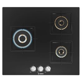 Bosch Series 4 Built in Gas Hob Tempered Glass 3 Burner Auto Ignition 60 cm True Brass 2D Ring Burners with Glossy Black Heat Shields & Enameld pan supports, Black, PNC6B6F10I