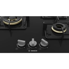 Bosch Series 4 Built in Gas Hob Tempered Glass 3 Burner Auto Ignition 60 cm True Brass 2D Ring Burners with Glossy Black Heat Shields & Enameld pan supports, Black, PNC6B6F10I