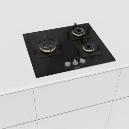 Bosch Series 4 Built in Gas Hob Tempered Glass 3 Burner Auto Ignition 60 cm True Brass 2D Ring Burners with Glossy Black Heat Shields & Enameld pan supports, Black, PNC6B6F10I